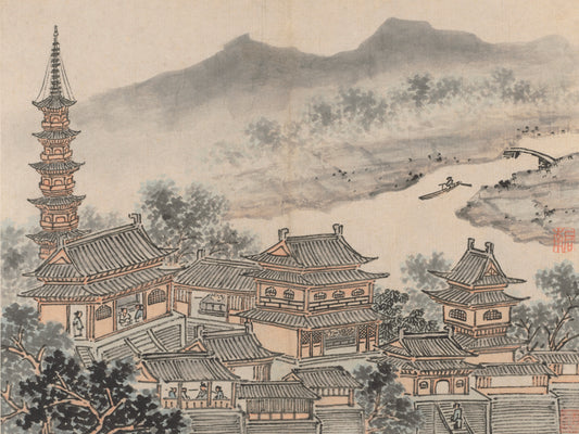 Traditional Chinese painting of a temple complex with pagoda and landscape.