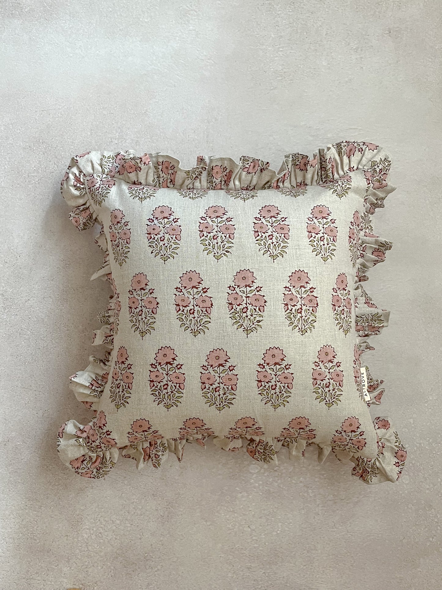 Square Block Print Cushion Cover with Ruffled Trim