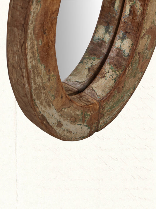Vintage mirror framed in a reclaimed Rajasthani wooden cart wheel, no. 1403 - view 2