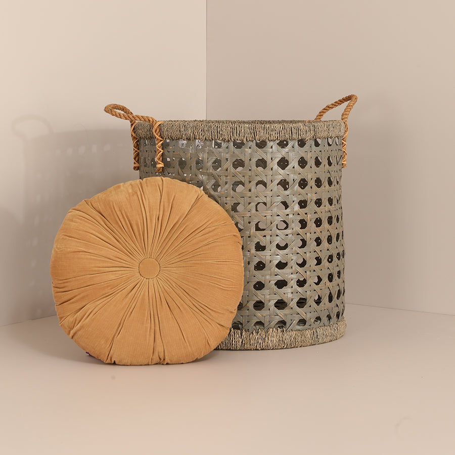 Home décor accessories, Stylish home décor, Modern interior design, Cozy home essentials, Decorative home items, Round velvet cushion, Mustard yellow pillow, Decorative throw pillow, Woven storage basket,
Decorative rattan basket.