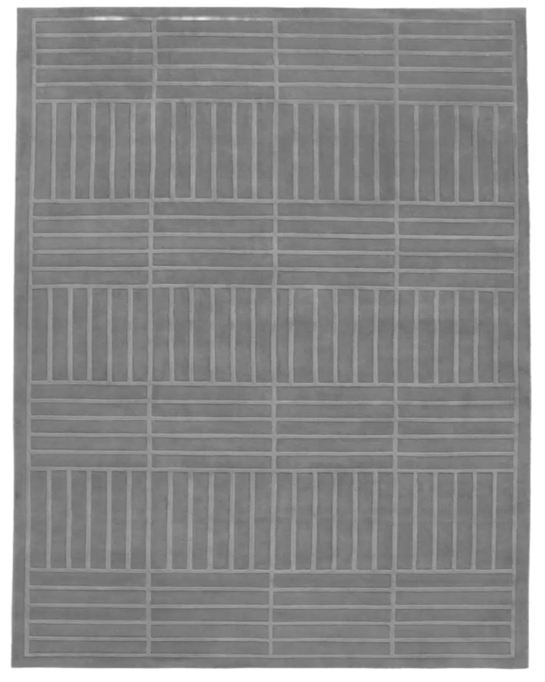 Gray area rug with a geometric pattern on a white background