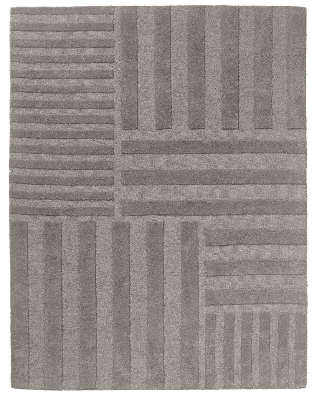 Gray geometric patterned rug with horizontal and vertical stripes