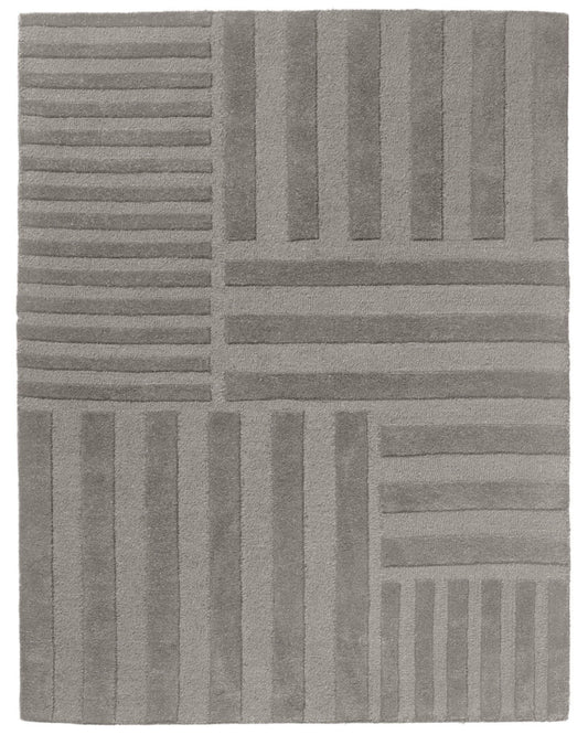 Gray geometric patterned rug with horizontal and vertical stripes