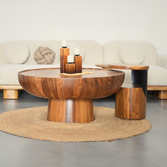Wooden coffee table with a textured surface.