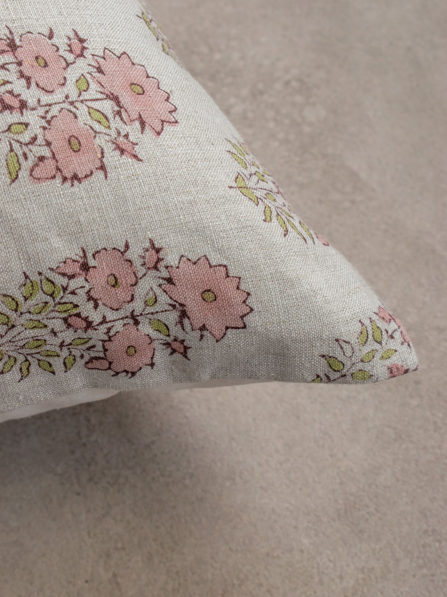 Linen Beige and Pink blockprint Cushion Altrove