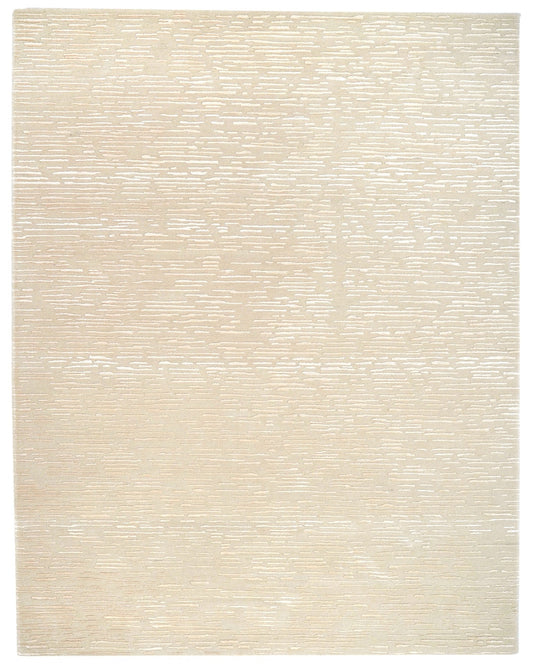Beige area rug with a subtle pattern on a white background