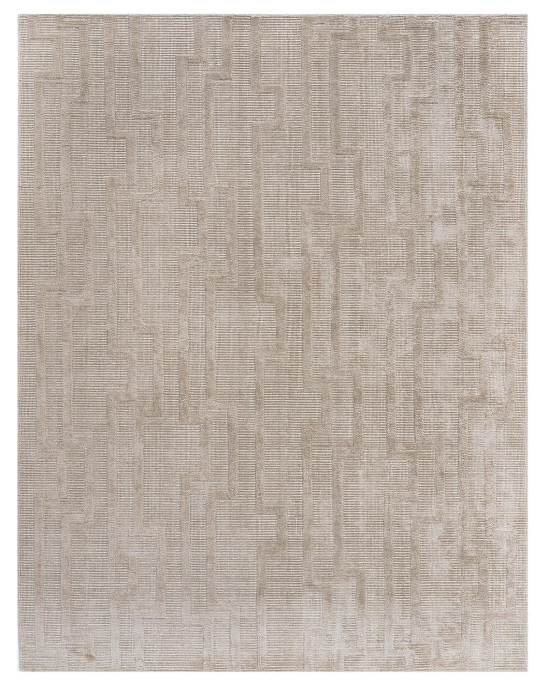 Textured beige rug with a subtle pattern on a white background