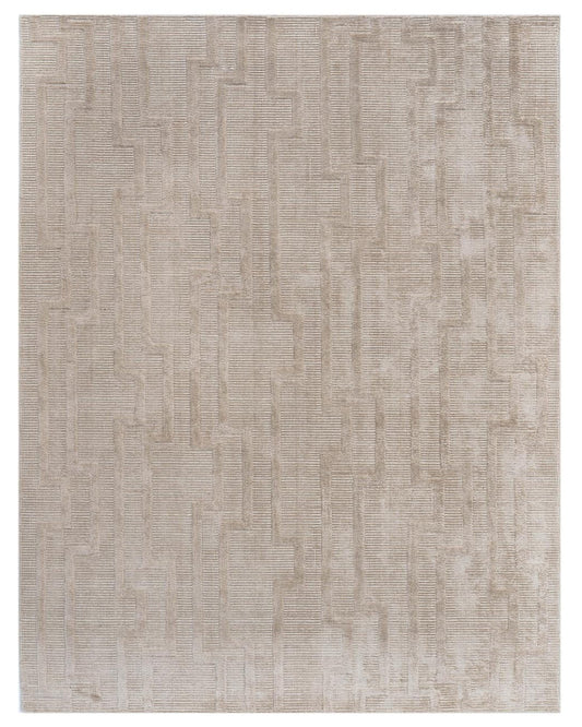 Textured beige rug with a subtle pattern on a white background