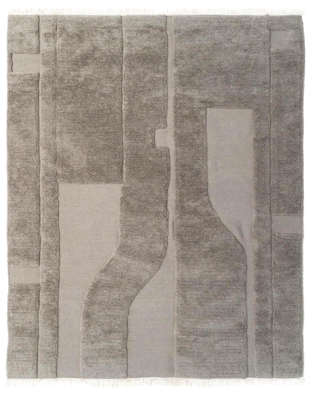 Rectangular area rug with abstract pattern in shades of gray on a white background