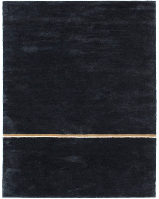 Dark blue rug with a gold stripe in the center