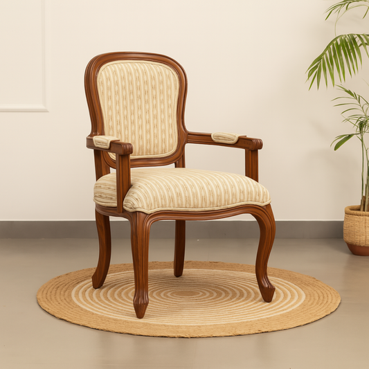 Wooden armchair with beige cushioned seat and backrest.