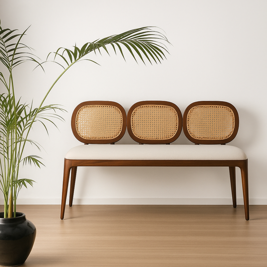 Wooden bench with wicker backrests in a room