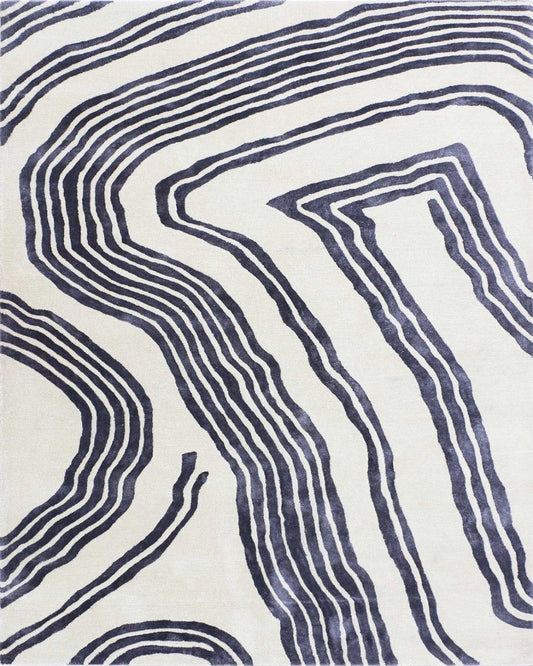Rug with blue wavy pattern on white background