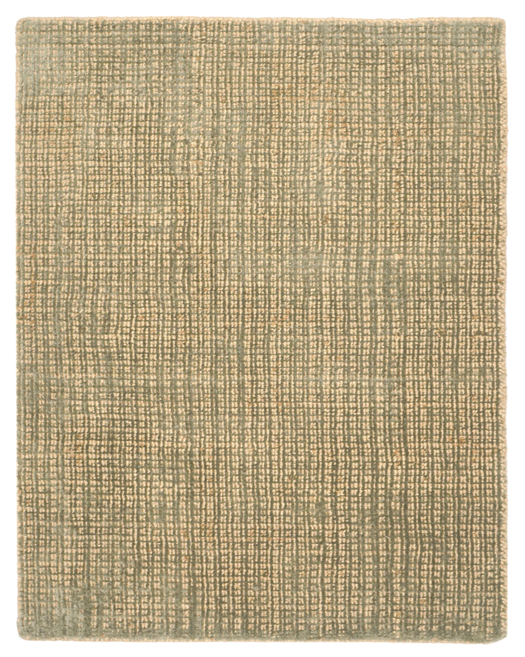 Textured green rug with a woven pattern on a white background