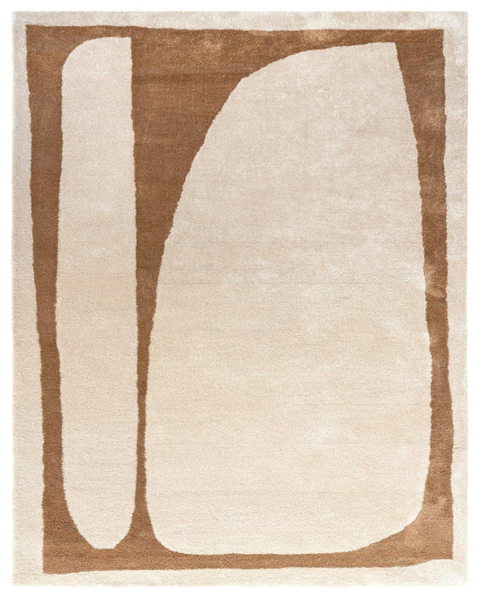 Rug with abstract design in brown and beige on a white background
