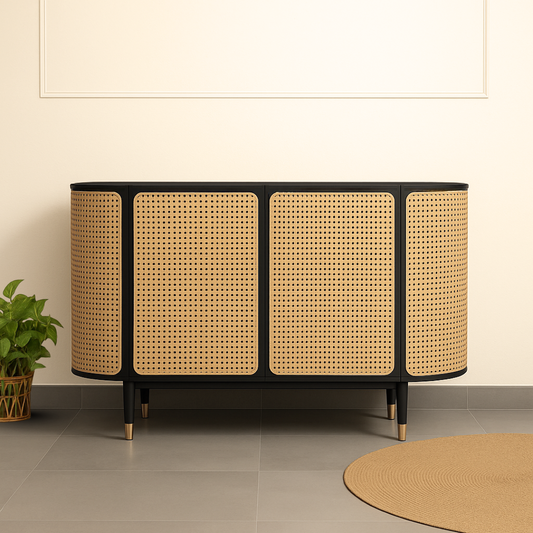 Wicker cabinet with black frame in a room setting