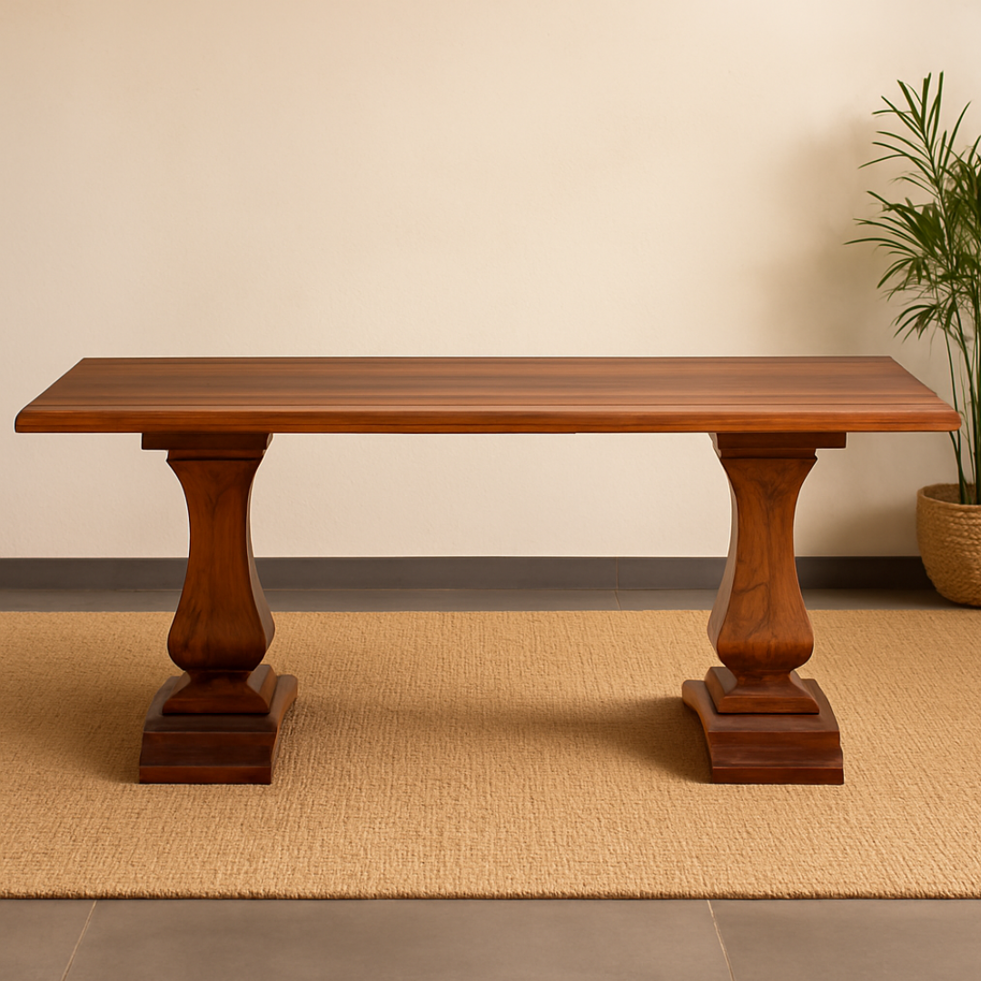 Wooden table against a beige wall