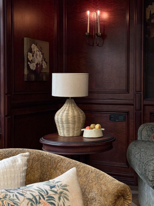Rattan Lamp with ivory shade for styling bedside or coffee table, combining natural texture with refined design.