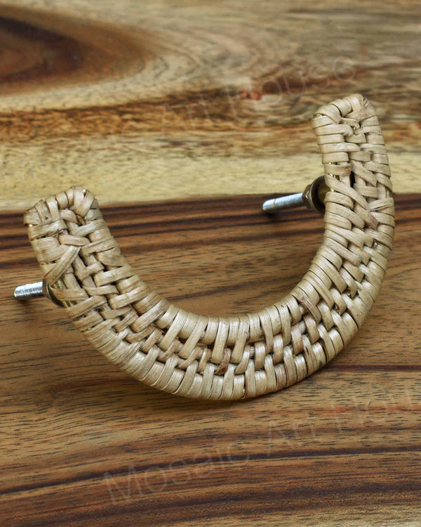 RAFFIA HALF MOON VINTAGE RATTAN BRASS CABINET DRAWER HANDLE