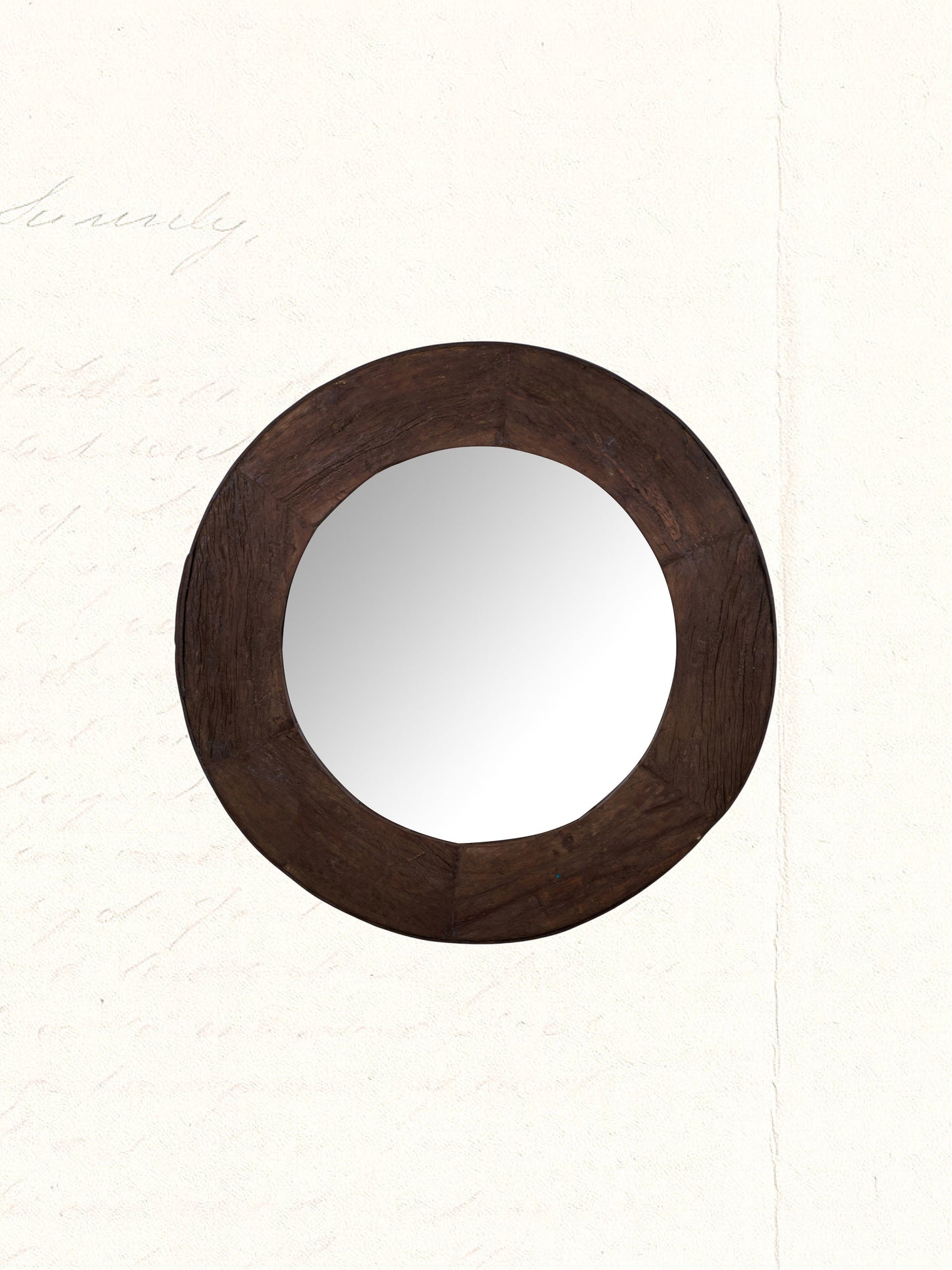 Vintage mirror framed in a reclaimed Rajasthani wooden cart wheel, no. 0312