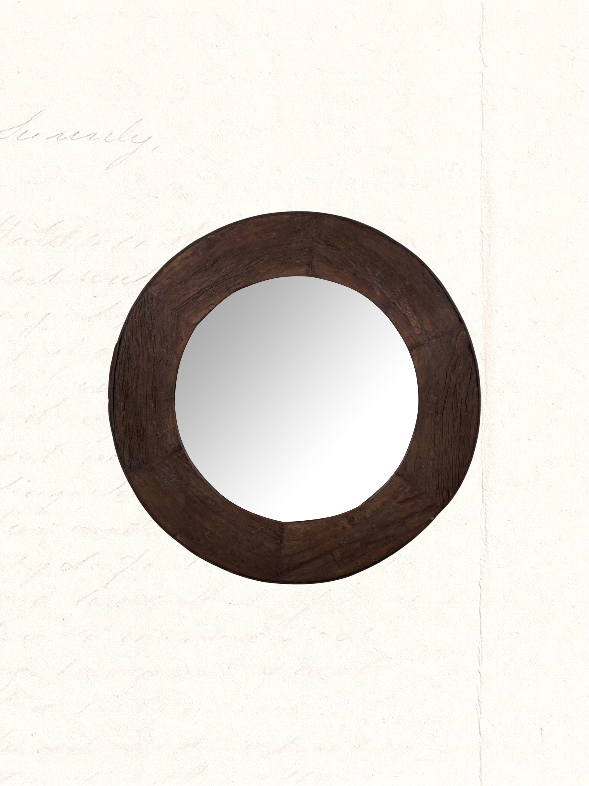 Vintage mirror framed in a reclaimed Rajasthani wooden cart wheel, no. 0312