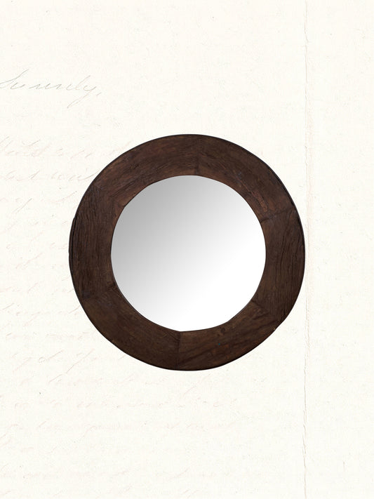 Vintage mirror framed in a reclaimed Rajasthani wooden cart wheel, no. 0312