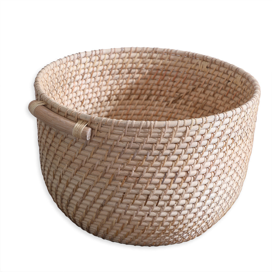 Round wicker basket with handles, 
Handwoven bamboo storage basket, 
Natural rattan basket, Eco-friendly woven basket, Rustic round organizer basket, Handmade wicker basket with wooden handles, Natural fiber storage basket for home decor, 
Multipurpose round basket for living room, Sustainable handwoven basket for laundry or storage, Minimalist bamboo basket for modern homes.
