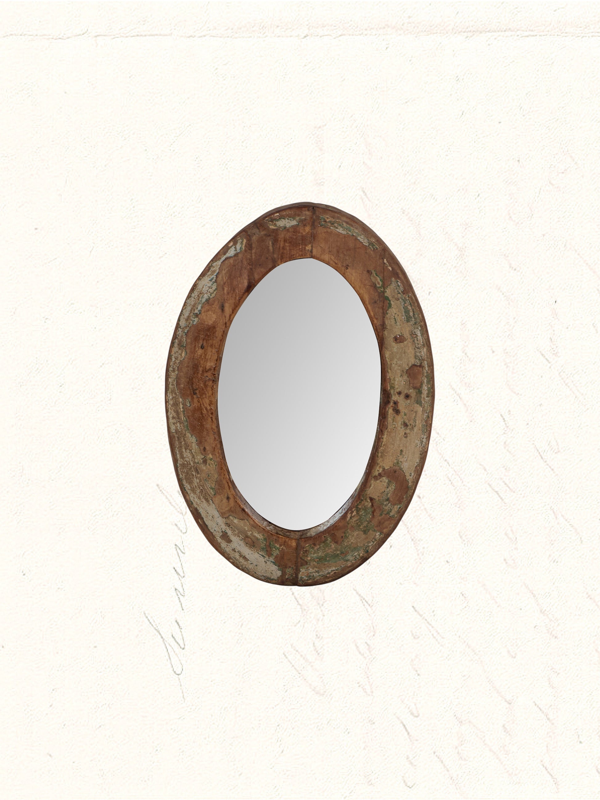 Vintage mirror framed in a reclaimed Rajasthani wooden cart wheel, no. 1403