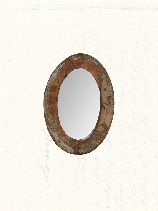 Vintage mirror framed in a reclaimed Rajasthani wooden cart wheel, no. 1403