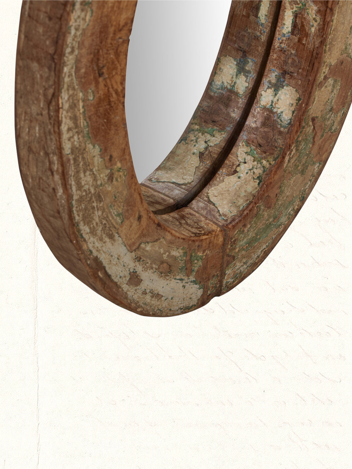 Vintage mirror framed in a reclaimed Rajasthani wooden cart wheel, no. 1403 - view 2