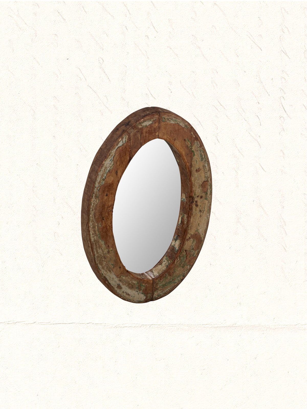 Vintage mirror framed in a reclaimed Rajasthani wooden cart wheel, no. 1403 - view 3