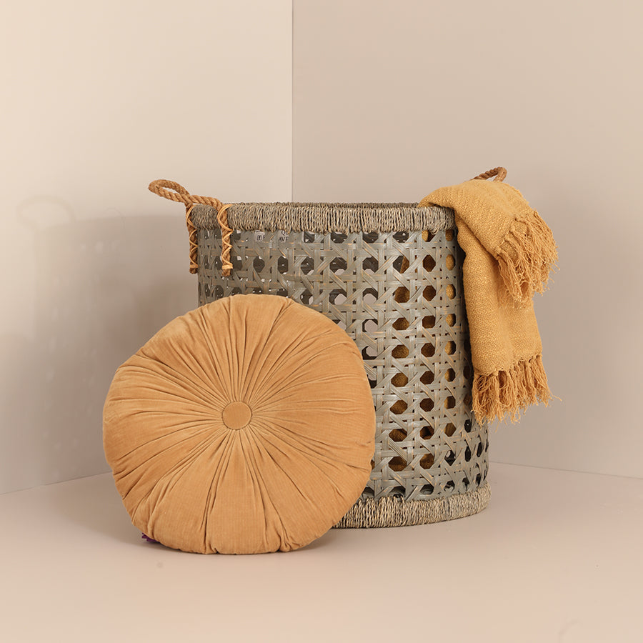 Boho home décor, Neutral home accessories, Modern rustic décor, Round throw pillow, Mustard velvet cushion, Decorative floor pillow, Woven storage basket, Decorative metal basket, Mustard fringe throw blanket, Textured cotton throw, Cozy knit blanket. 