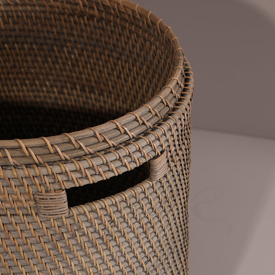 Handmade woven basket for home décor, Artisan round wicker hamper with built-in handles, Premium quality rattan basket for laundry or storage, 
Rustic farmhouse style wicker bin, 
Natural woven basket for bedroom or bathroom, Handwoven rattan basket, 
Natural wicker storage bin, Eco-friendly laundry hamper, Round woven basket, Artisan wicker hamper.