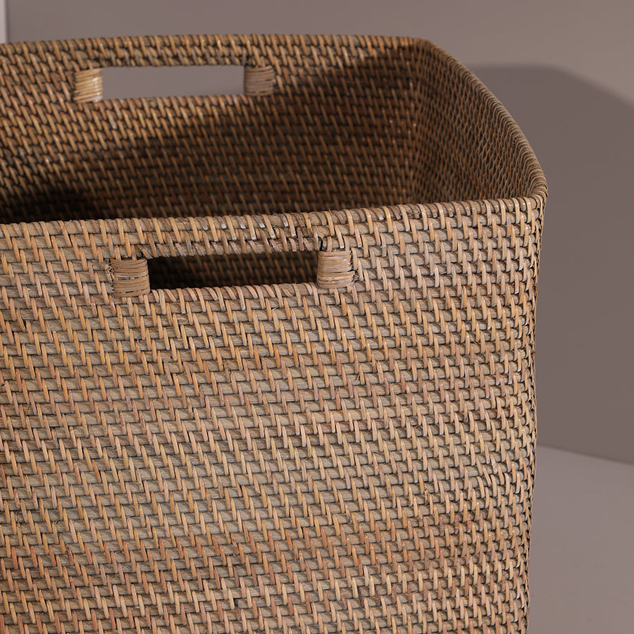 Woven storage basket, Handwoven rattan basket, Rectangular wicker basket, Natural storage bin, Rattan organizer basket, Handcrafted basket with handles, Durable woven home storage, Eco-friendly storage container, Rustic rattan storage box, 
Square wicker bin. 