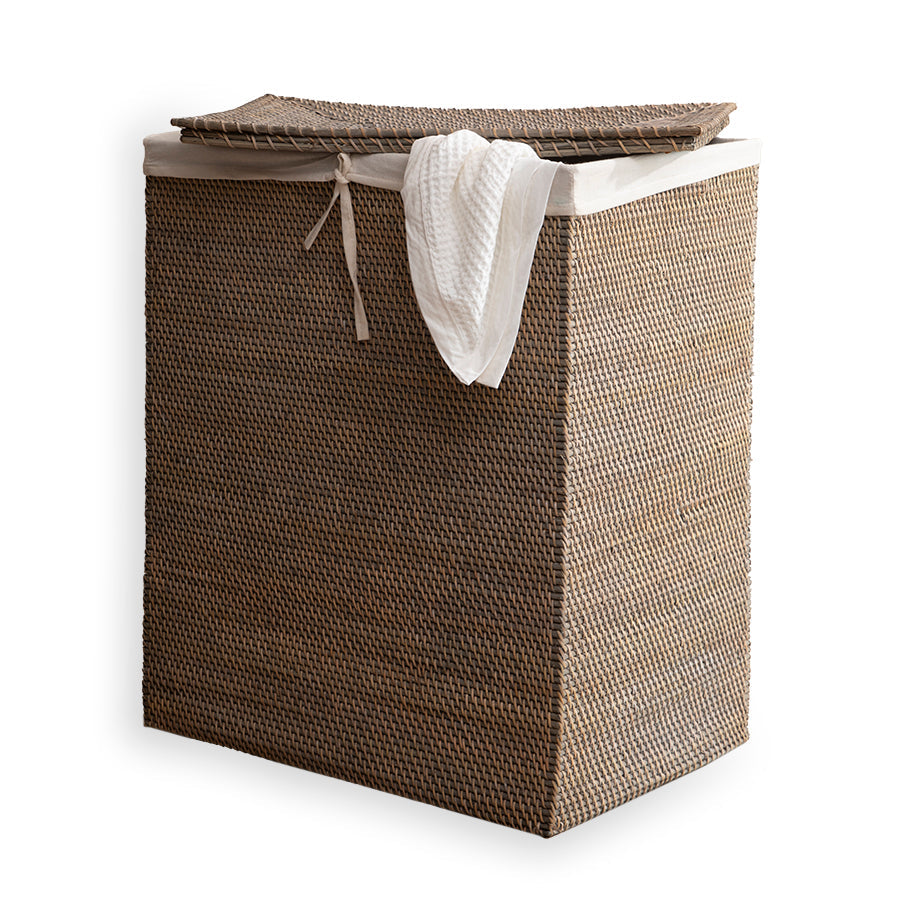 Woven laundry hamper, Rattan laundry basket, Natural wicker laundry bin, Rectangular laundry hamper, Handwoven laundry basket, Laundry hamper with lid, Double laundry hamper, Clothes storage basket, Hamper with removable liner, 
Eco-friendly laundry hamper .