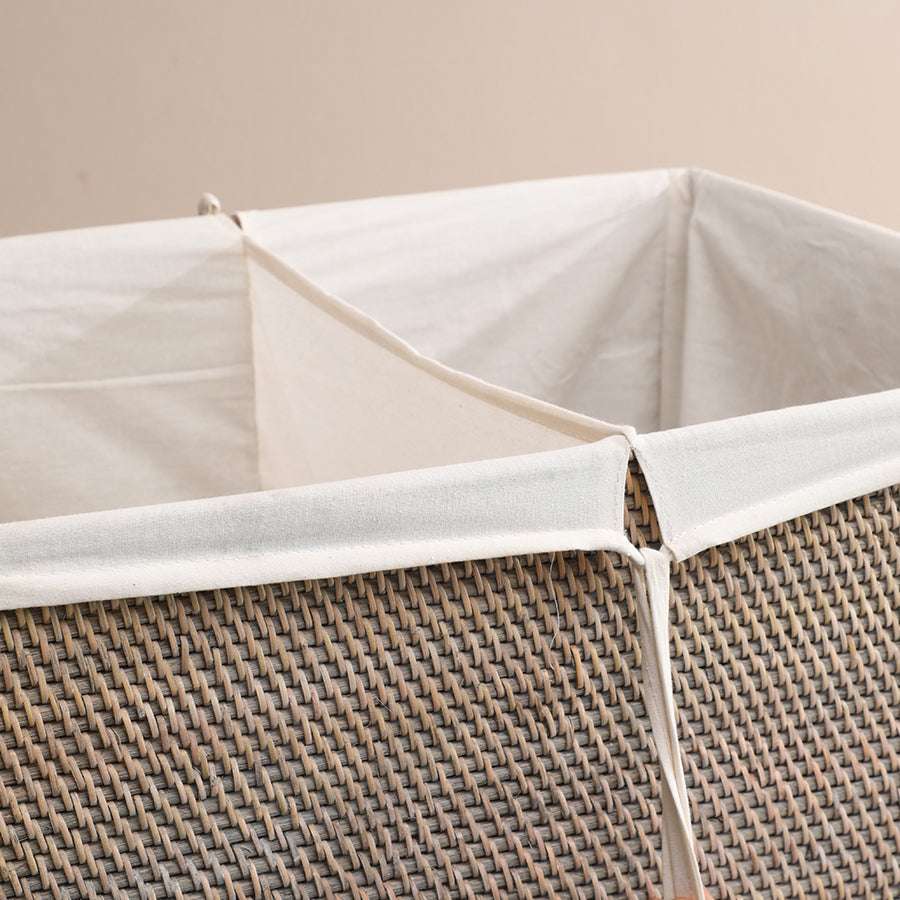 Wicker laundry hamper with divider, Dual compartment laundry basket, 
Fabric-lined rattan hamper, Woven laundry organizer, Natural wicker laundry bin, 2-section laundry hamper, Eco-friendly laundry storage, Removable fabric liner basket, Handwoven rattan laundry sorter, Divided clothes hamper, Rustic home storage basket, Multi-section laundry bin .