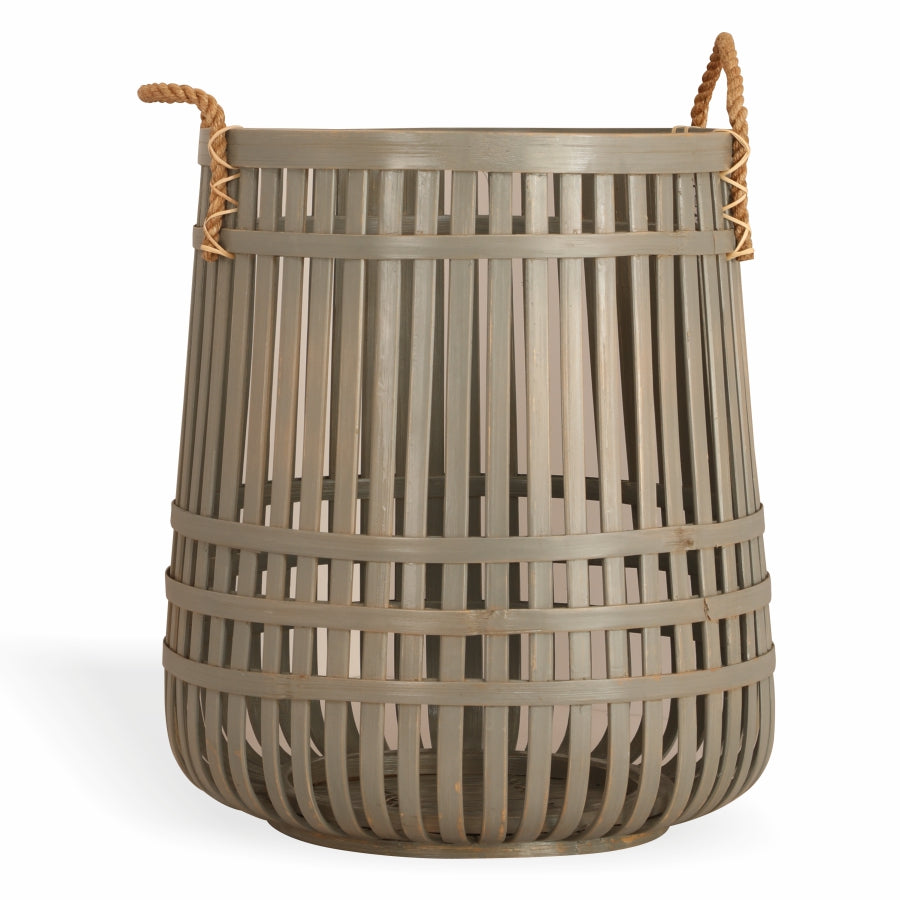 Tall wooden storage basket, Slatted bamboo hamper, Decorative basket with rope handles, Rustic wooden laundry basket, Woven-style wood bin, Tall decorative basket for home storage, Wooden slat laundry hamper with handles, Eco-friendly bamboo look storage basket, Farmhouse-style wooden organizer bin, Handmade wooden basket with rope detail. 