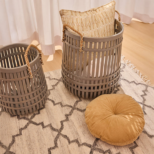 Grey wooden storage baskets, Slatted bamboo-style baskets, Decorative tall storage hampers, Rope handle laundry baskets, Rustic floor storage bins, Handcrafted wooden baskets with rope handles, Set of decorative grey bamboo baskets, Rustic slatted laundry hampers for bedroom, Modern coastal storage basket set, Vertical open-weave storage bins. 
