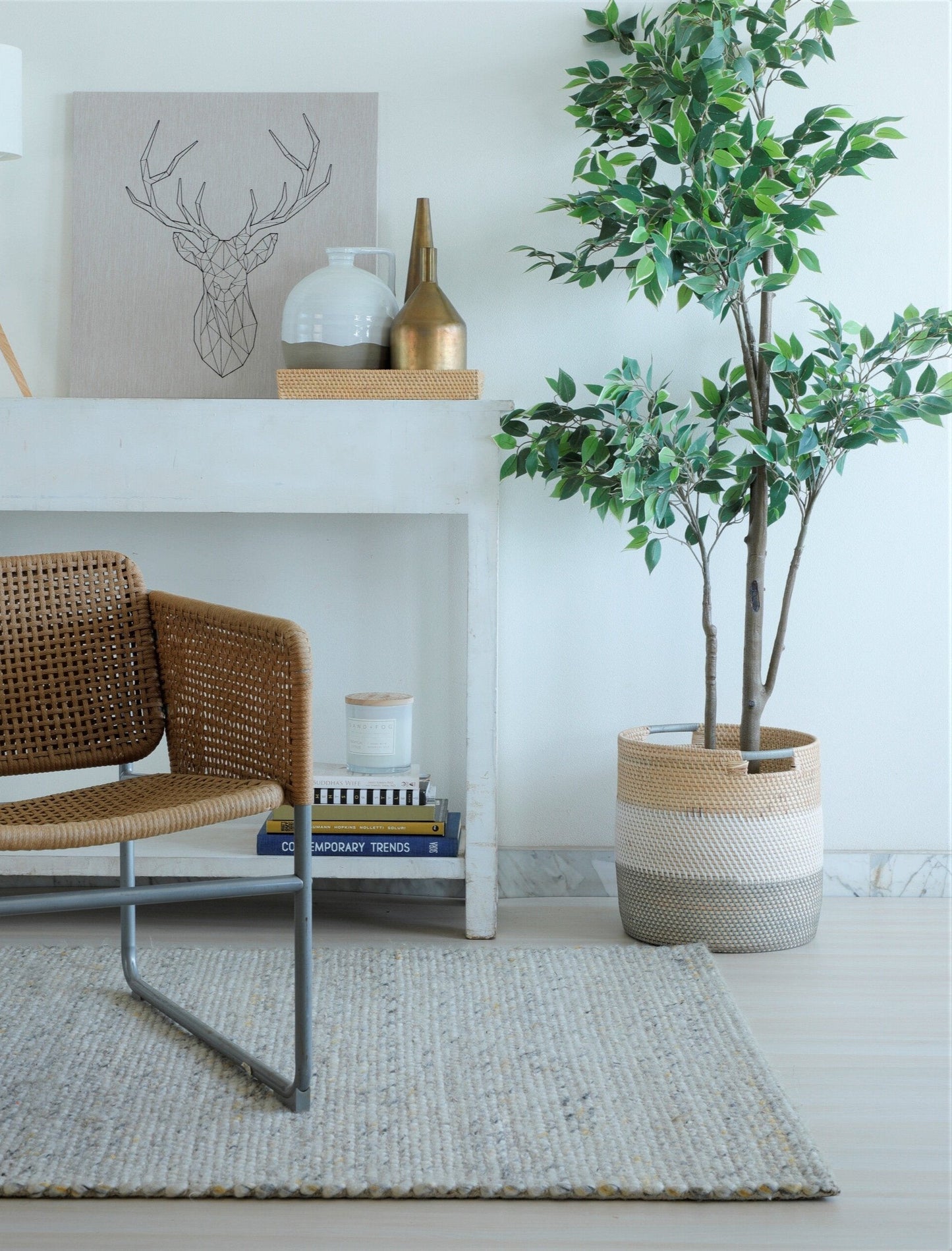 RATTAN PLANTER GREY WHITE NATURAL