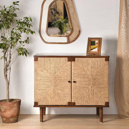 Rush Weave Teak Colour Storage Cabinet