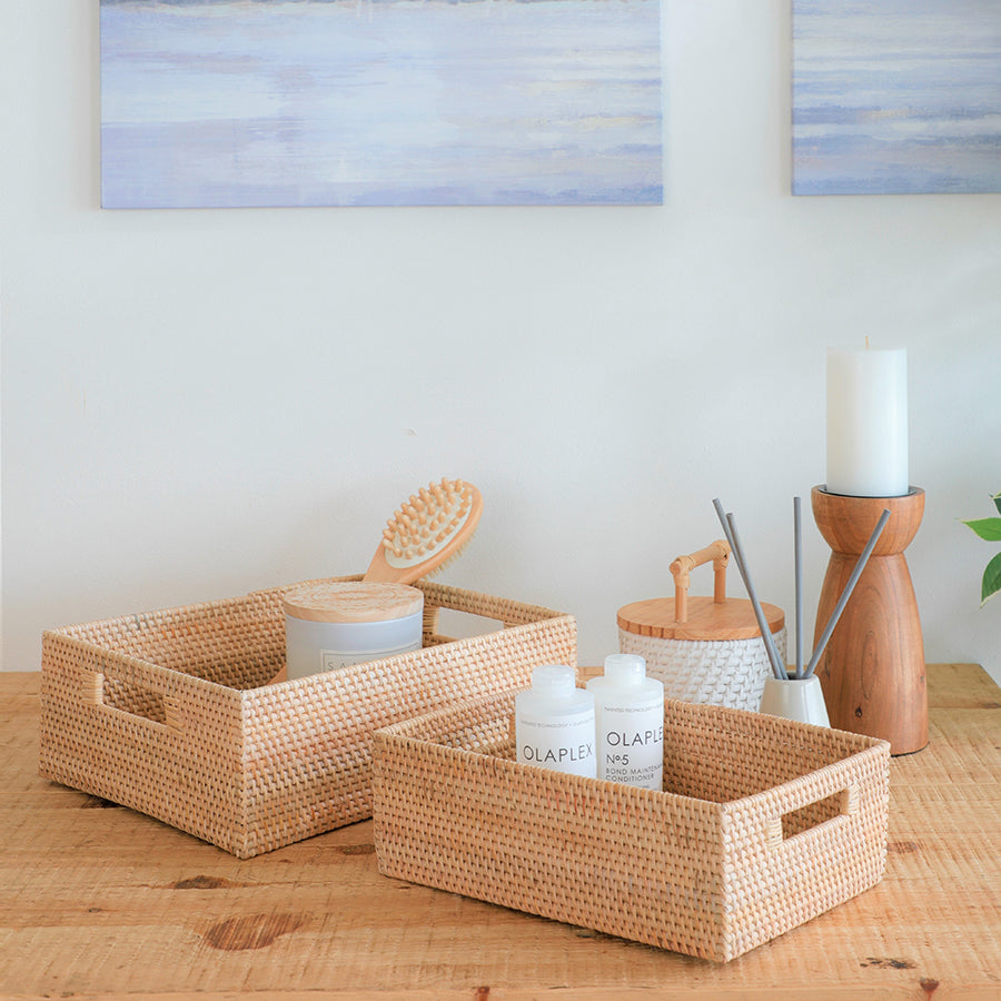 Woven storage baskets, Handwoven organizer baskets, Natural look storage bins, Decorative woven bins, Eco-style home organization, Stylish storage containers, Rectangular storage baskets, Vanity organizer baskets, Bathroom countertop storage, Skincare and haircare basket, Spa-inspired storage baskets, Wooden vanity accessories, 
Minimalist bathroom organization, 
Tabletop storage solutions .