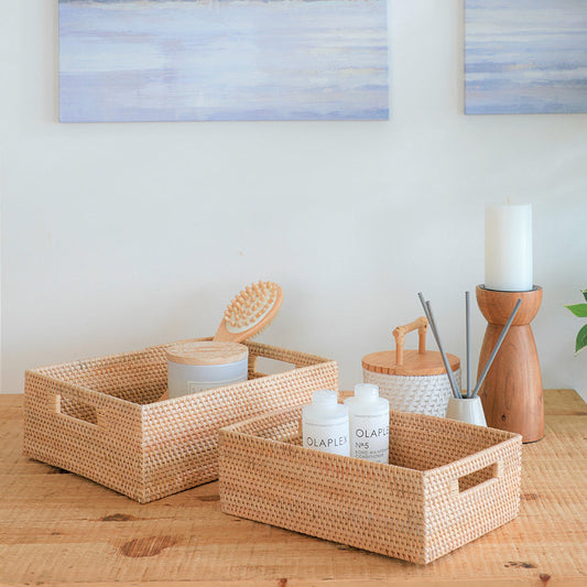 Woven storage baskets, Handwoven organizer baskets, Natural look storage bins, Decorative woven bins, Eco-style home organization, Stylish storage containers, Rectangular storage baskets, Vanity organizer baskets, Bathroom countertop storage, Skincare and haircare basket, Spa-inspired storage baskets, Wooden vanity accessories, 
Minimalist bathroom organization, 
Tabletop storage solutions .