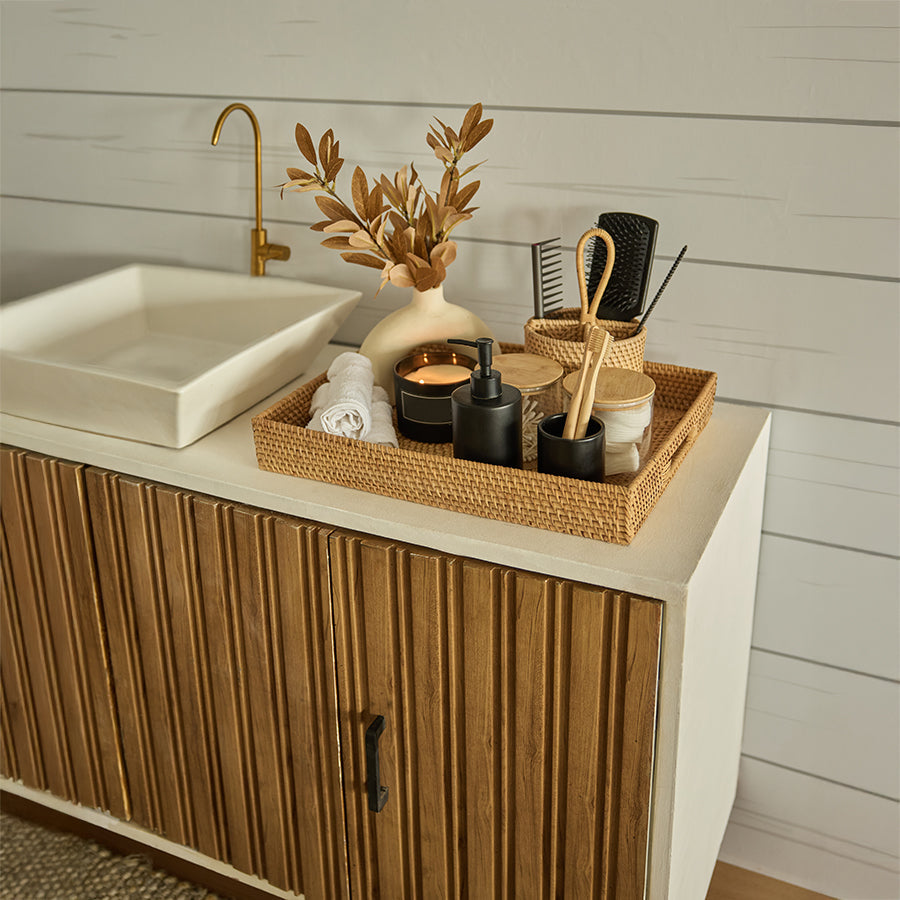 Modern bathroom décor, Minimalist vanity setup, Natural bathroom accents, Organic modern style, Neutral home aesthetic, Spa-inspired bathroom décor, Woven rattan organizer tray, Decorative bathroom tray , Natural fiber storage tray, Rectangular vanity tray .