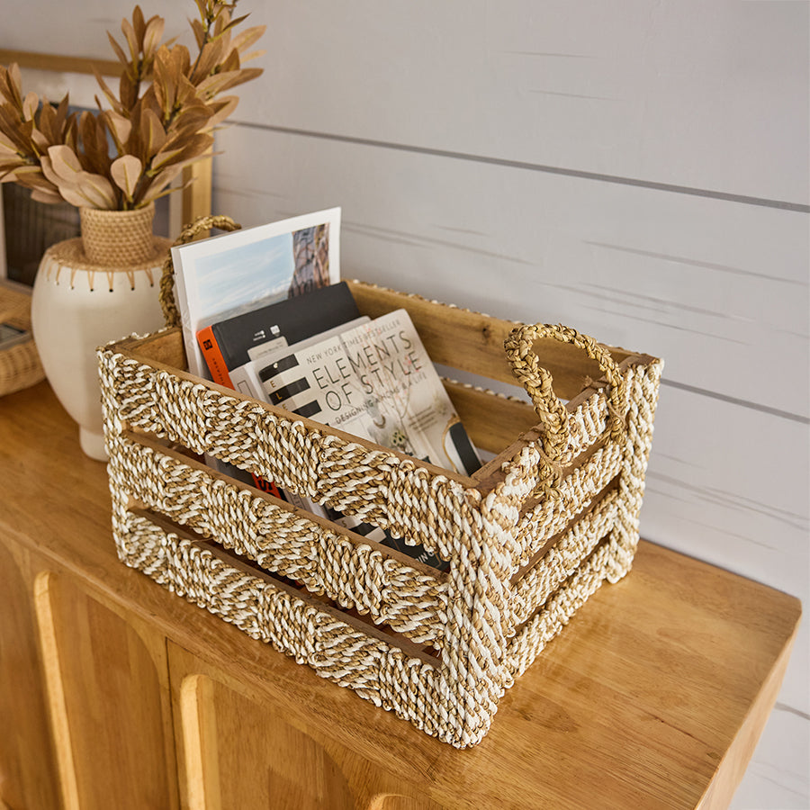 Woven storage basket, Decorative rope crate, Seaweed and rope basket, Natural fiber storage crate, Book and magazine storage basket, 
Desk or shelf organizer, Entryway catchall crate, Coastal home décor basket. Bohemian shelf basket. 

