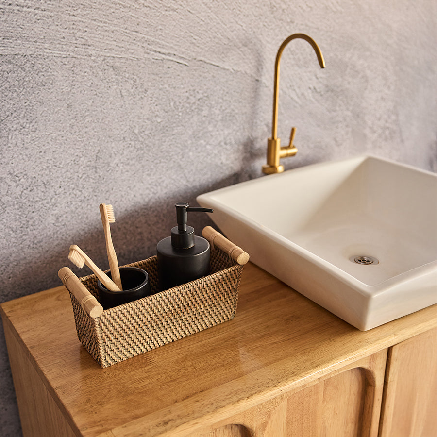 Rattan storage basket, Wicker bathroom organizer, Handwoven countertop basket, Natural fiber storage bin, Eco-friendly vanity basket, Bamboo toothbrush set, 
Eco-friendly toothbrush, Wooden toothbrushes, Biodegradable toothbrush, Sustainable dental care
Matte black soap dispenser, Modern liquid soap pump, Minimalist bathroom dispenser, Refillable soap bottle, Countertop lotion dispenser. 

