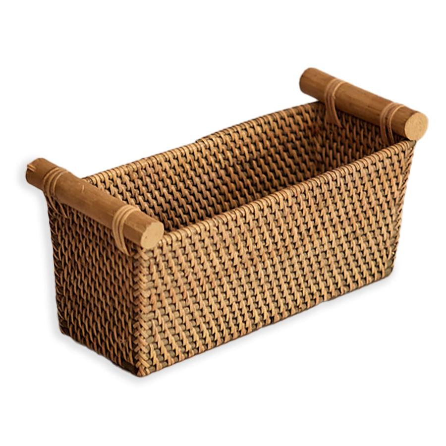woven bread basket, rattan serving basket, rectangular wicker basket, bamboo handle basket, handmade rattan storage bin, rustic bread basket, farmhouse style basket, Boho table bread holder, eco-friendly woven basket, natural fiber storage basket, handcrafted woven bread tray, sustainable kitchen basket, rectangular woven organizer, artisan wicker bread basket.