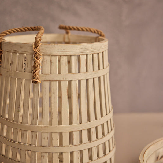 Bamboo storage basket, Woven laundry basket, Rustic bamboo basket, Rope handle storage bin, Open weave bamboo hamper, Decorative basket with handles, 
Natural bamboo basket with rope handles, Lightweight decorative bamboo storage basket, Sustainable woven laundry basket for home.

Eco-friendly storage solution

Handcrafted bamboo hamper

Boho home decor basket

Slatted bamboo laundry bin

