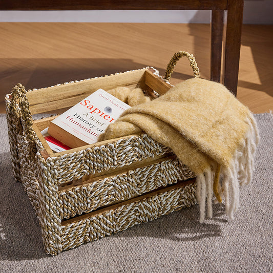 Woven rope storage basket, Natural crate with handles, Decorative book and blanket basket, Eco-friendly rope and wood basket, Natural fiber woven crate, Living room blanket basket, Cozy reading nook organizer, Warm rustic home accents, Modern farmhouse décor.

