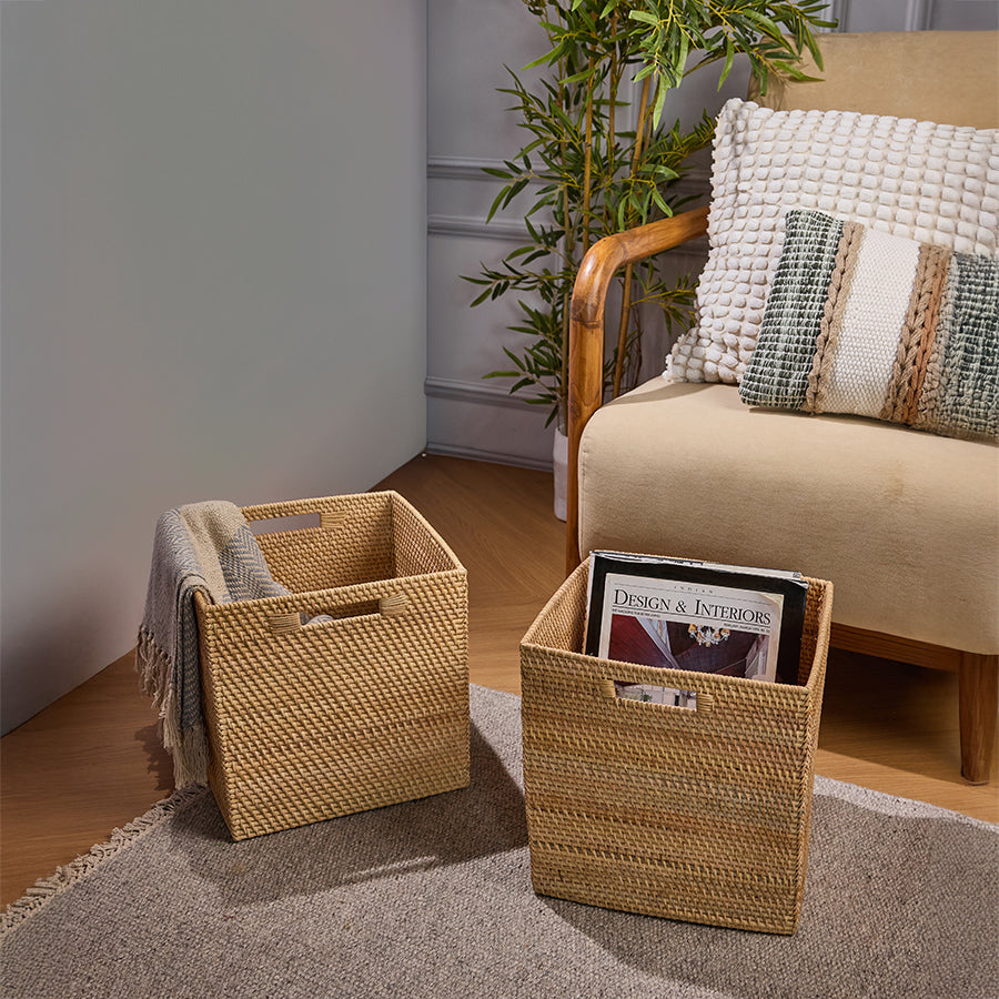 Rattan storage baskets, Woven storage cube, Handwoven organizer bin, Natural wicker basket, Decorative storage basket , Living room storage solution, Eco-friendly rattan basket, Magazine holder basket, Square rattan cubby, Multipurpose woven bin, Natural wicker organizer bin for home décor, 
Eco-friendly woven baskets for modern interiors, Decorative rattan cube bins for clutter-free spaces, 
Rustic woven baskets with handles for home storage, Minimalist storage baskets for reading nook or lounge.