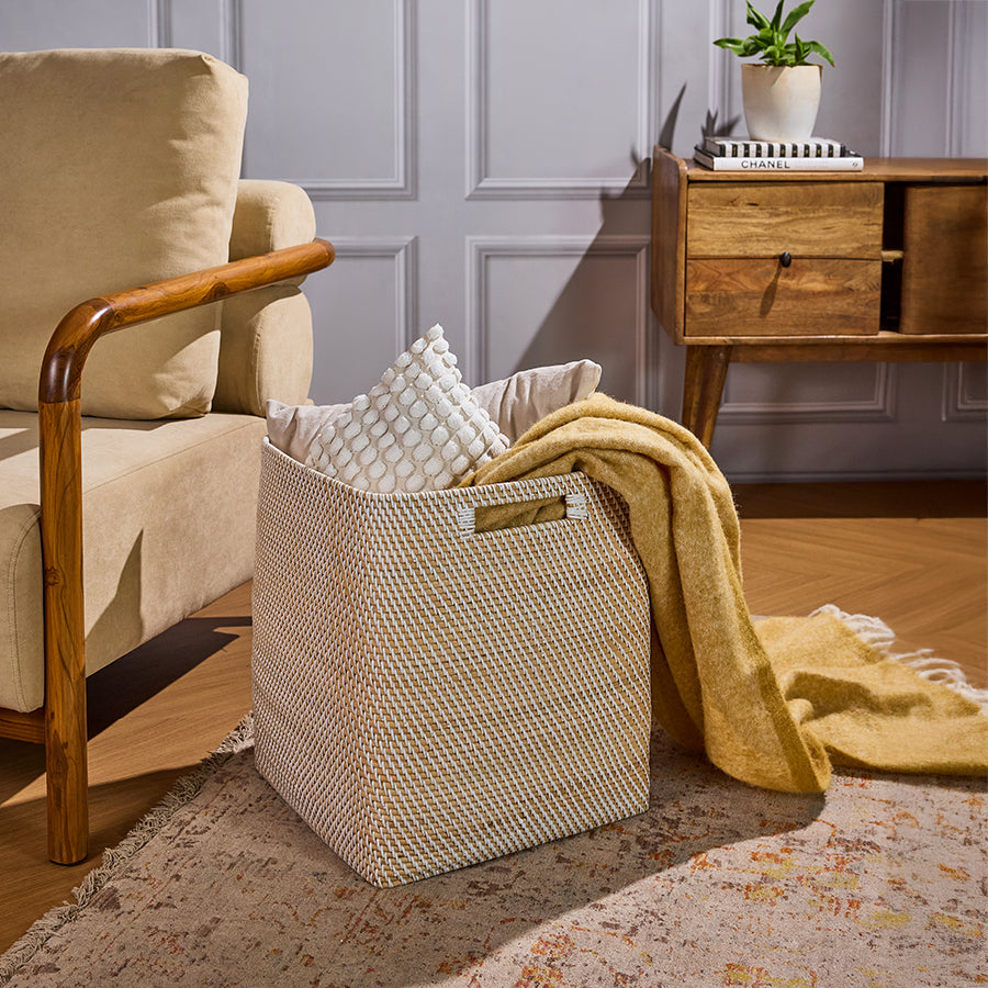 Woven storage basket with handles, 
Decorative storage basket, Handwoven basket for home, Square rattan basket, Living room storage solution, Neutral woven basket for modern homes, Stylish storage basket for throw blankets, Handcrafted basket for pillows and linens, Natural tone storage bin for cozy spaces, Multipurpose woven basket for interior décor, Home organization basket, Chic Boho storage basket, Rustic basket for living room, Minimalist home storage bask .